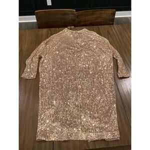 In The Mood For Love Elisa Sequin Lined 3/4 Sleeve Midi Dress Gold XS NWT